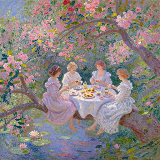 Impressionist painting of four women in white dresses, sitting under a blooming cherry tree, enjoying tea and pancakes by a pond.
