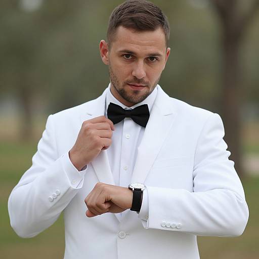 Photograph of a handsome, short-haired man with a trimmed beard, wearing a white tuxedo and black bow tie, adjusting his bow tie outdoors