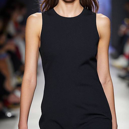 Photograph of a female model on a runway, wearing a sleeveless, form-fitting black dress, with blurred audience in the background.