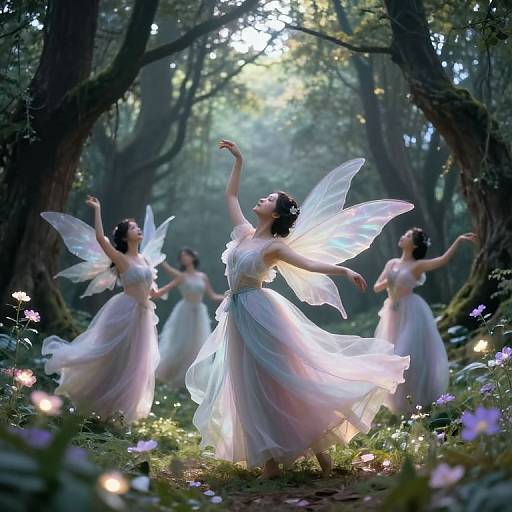 Photograph of ethereal fairy-like women in flowing white dresses with glowing wings, dancing in a mystical forest illuminated by soft sunlight and twinkling fireflies