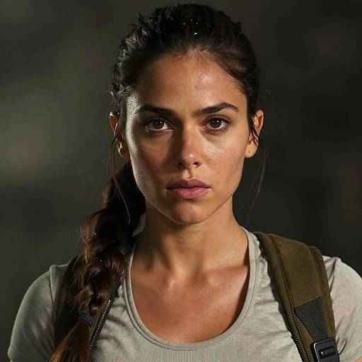 Photograph of a serious, sweaty, young woman with dark hair in a braid, wearing a white shirt and brown straps, against a dark,