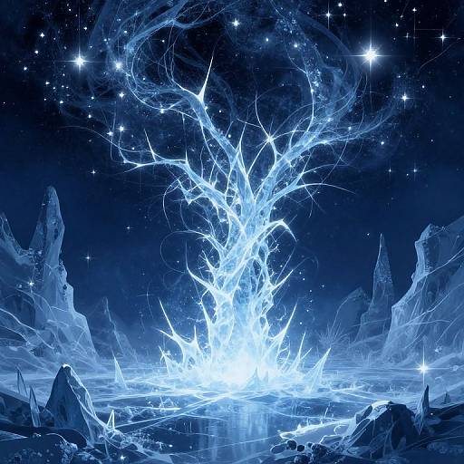 Digital artwork of a glowing, electric-blue explosion against a starry night sky, with jagged ice mountains in the foreground.