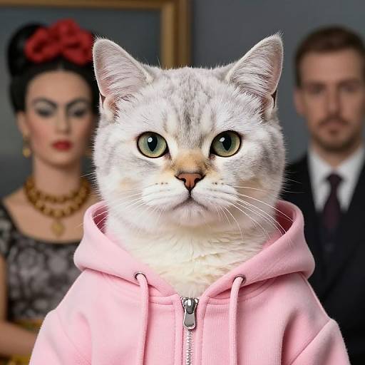 Photograph of a white cat with green eyes wearing a pink hoodie, centered in front of a blurred painting of a woman with red hair and a man