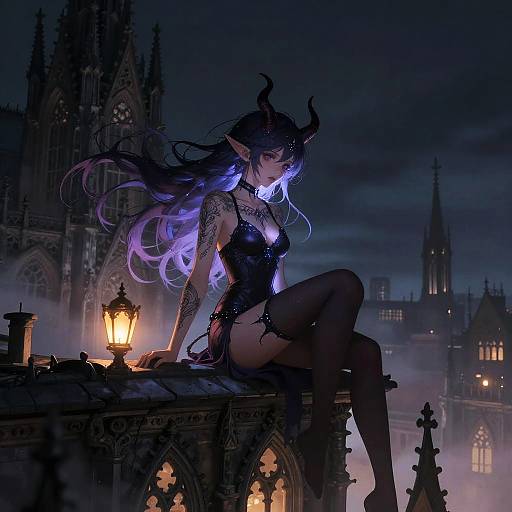 Digital fantasy artwork of a purple-haired, horned demon woman in black lingerie, sitting on a Gothic cathedral rooftop at night, illuminated by a glowing lantern