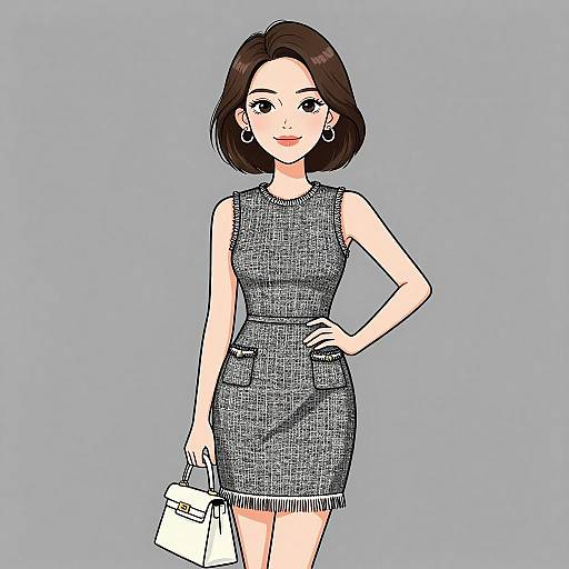Chic Woman in Heather Gray Tweed Dress