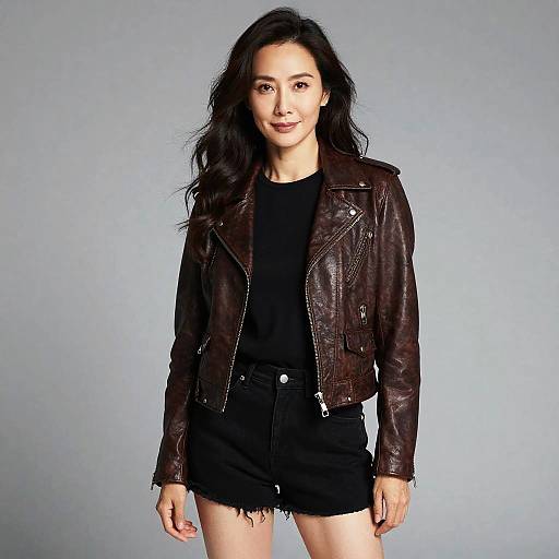 Photograph of an Asian woman with long black hair, wearing a dark brown leather jacket, black top, and black shorts, standing against a light blue