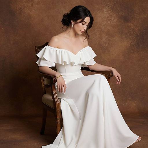 Photograph of a woman with dark hair in an off-shoulder white ruffled dress, seated on a wooden chair, against a brown textured backdrop