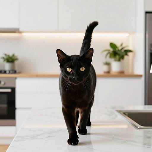 Confident Black Oriental Cat in Minimalist Kitchen