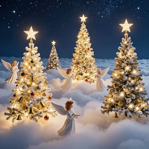 Photograph of angels with white wings and flowing dresses, standing among glowing, star-topped Christmas trees on a cloud-filled night sky.