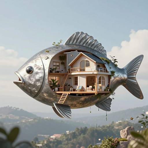 Photorealistic CGI of a metallic fish with a modern, two-story house inside, floating against a clear blue sky and mountainous landscape.