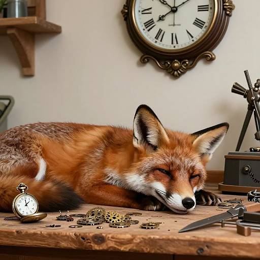 Fox Sleeping Amidst Vintage Clocks