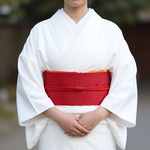 Photograph of a person wearing a white kimono with a bright red obi belt, hands clasped in front, blurred outdoor background.