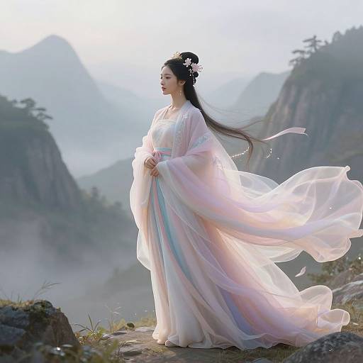 Digital art of an ethereal Asian woman in flowing, pastel pink and blue kimono, standing in misty mountain landscape, hair adorned with flowers