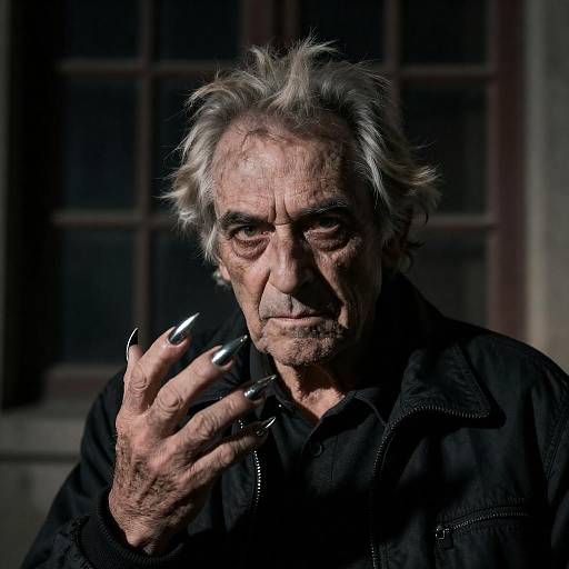 Elderly man with metallic claws and intense expression