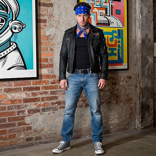 Photograph of a bearded man with a blue bandana, black leather jacket, blue jeans, and white sneakers, standing against a brick wall with