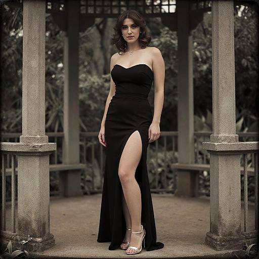 Photograph of a dark-haired woman in a strapless black gown with a high slit, standing in an outdoor, columned, forested area,