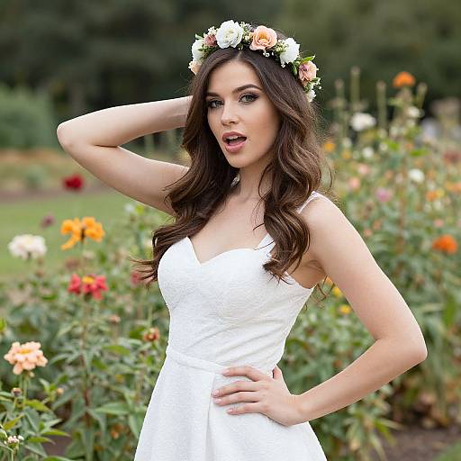 Photograph of a beautiful brunette woman with wavy hair, wearing a white floral headband and dress, standing in a vibrant garden with colorful roses.