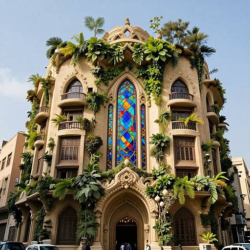 Photograph of a beige, Gothic-style building with vibrant, multi-colored stained glass window, lush greenery climbing the facade, and ornate arched
