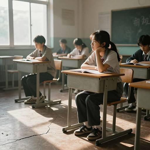 Photograph of a sunlit classroom with five Asian students, three girls and two boys, sitting in desks, focused on their work. Chalkboard