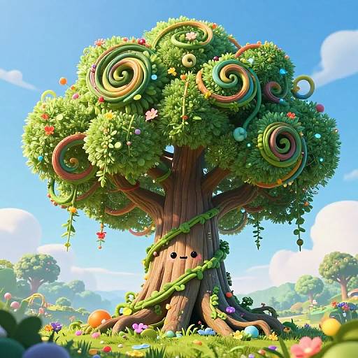 Digital illustration of a whimsical, spiral-shaped tree with colorful spirals, vines, and flowers, standing in a vibrant meadow under a bright blue