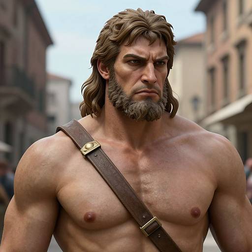 CGI-rendered, muscular, shirtless man with wavy brown hair and beard, wearing a brown leather strap, standing in a blurred urban street