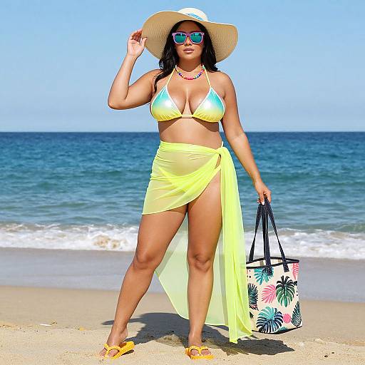 Photograph of a curvy, tan-skinned woman in a yellow bikini and sheer sarong, wearing a wide-brimmed hat and blue sunglasses