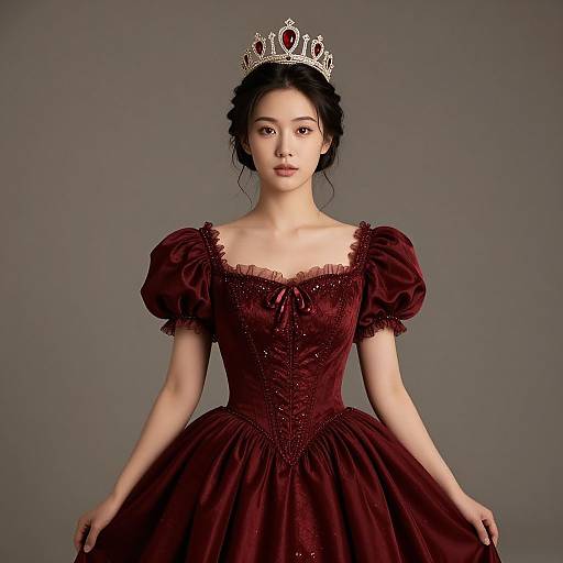 Photograph of an East Asian woman with fair skin, wearing a deep burgundy, puffed-sleeve ball gown and a silver tiara,