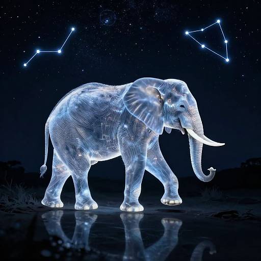 Digital artwork of a glowing, wireframe elephant with constellation patterns in the night sky, standing on a reflective surface.