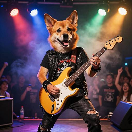 Photograph of a corgi in a black leather jacket and ripped jeans, playing a sunburst electric guitar on stage, surrounded by colorful lights and