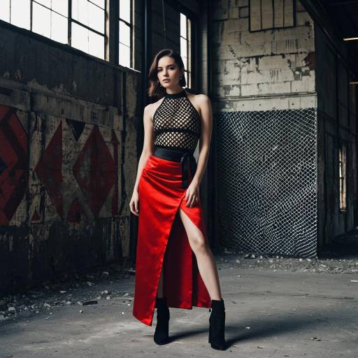 Fashion Model in Red Satin Skirt in Industrial Warehouse