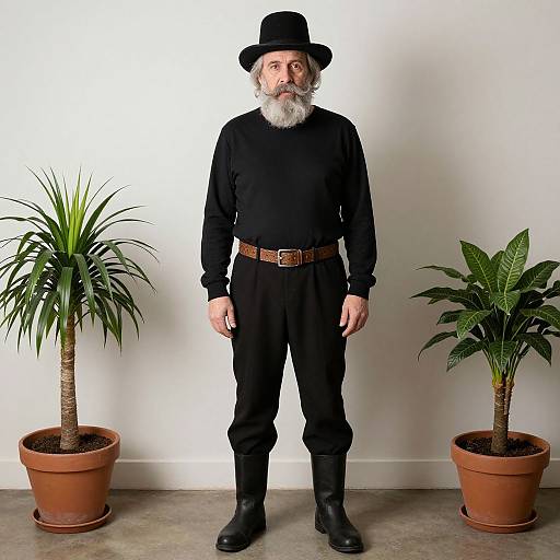 Photograph of an elderly white man with a white beard, black outfit, hat, and brown belt, standing between two potted plants.