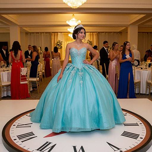 Photograph of a smiling woman in a sparkling blue ball gown, tiara, standing on a clock platform at an elegant evening event.