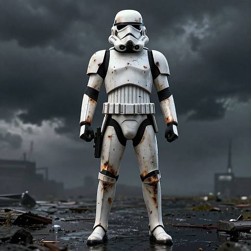 Photorealistic CGI of a battered white Stormtrooper standing on a ruined, rainy battlefield with dark, stormy clouds in the background.