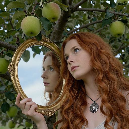 Surreal Woman with Mirror and Apple Tree