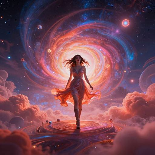 Digital art: A woman with flowing brown hair and a red dress stands on a glowing, circular platform amidst swirling cosmic clouds and vibrant stars, surrounded by