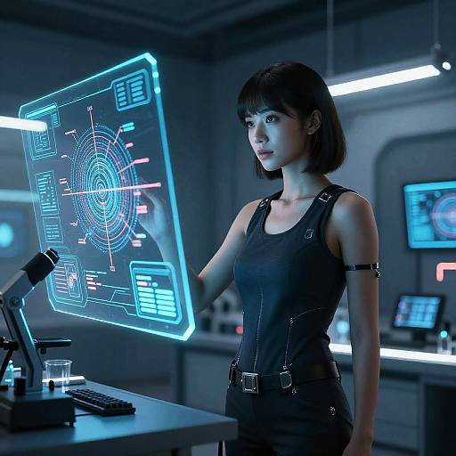 Photograph-style CGI: Dark-haired woman in black tank top and arm band, standing in futuristic control room, interacting with glowing holographic interface.