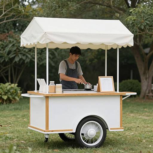 Photograph of a young Asian man in a grey shirt and black apron, cooking at a white, wooden food cart with a canopy, in a