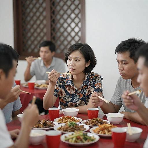 Asian Friends Dining Around Red Table