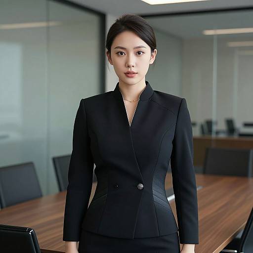 Photograph of an Asian woman with fair skin and black hair in a bun, wearing a black tailored blazer, standing in a modern office with glass