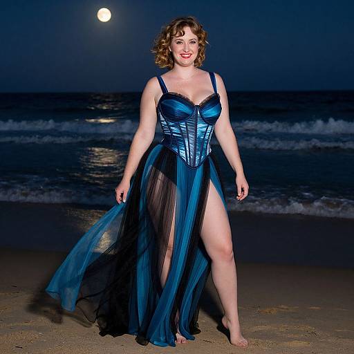 Photograph of a fair-skinned woman with curly brown hair, wearing a blue, shiny corset with sheer black skirt, standing on a moonlit