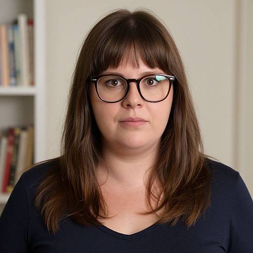 Photograph of a white woman with straight brown hair, black-framed glasses, and a black top, standing in front of a blurred bookshelf background