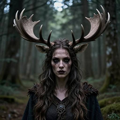 Photograph of a pale woman with dark, wavy hair and large, detailed antlers, wearing a dark, fur-trimmed cloak, standing