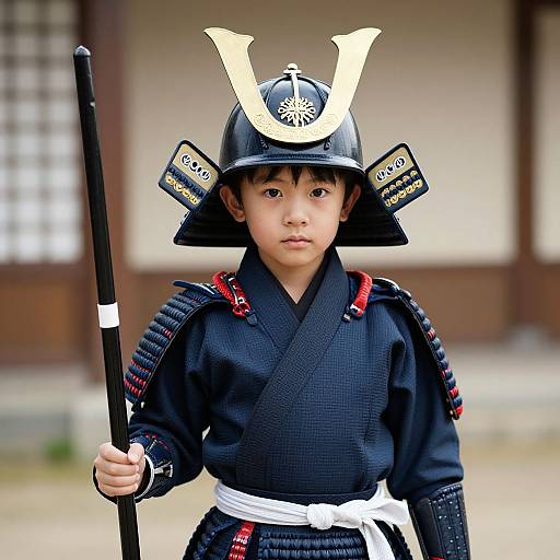 Photograph of a young Japanese boy in traditional samurai armor, holding a black staff, with a detailed helmet and white belt.