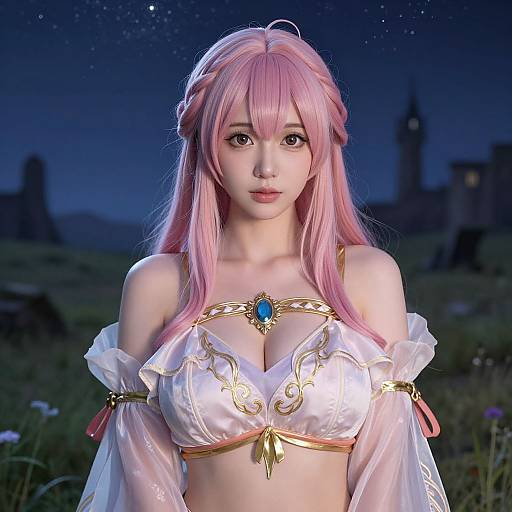 CGI anime-style woman with pink hair, large breasts, white off-shoulder top, blue gem, night sky, castle background, realistic lighting