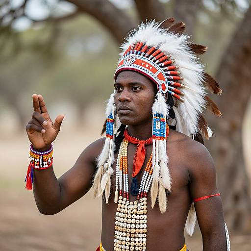 Photograph of a muscular, dark-skinned African man in traditional white and red feathered headdress, beaded necklace, and bracelets, raising his