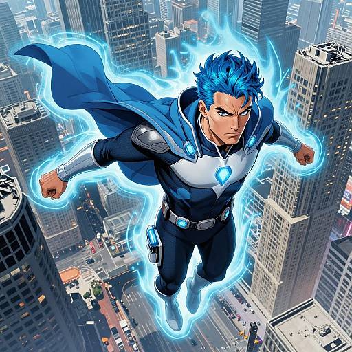 Blue-Haired Superhero Soaring Over City