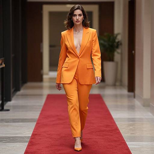 Photograph of a confident woman with wavy brown hair, wearing a bright orange, deep V-neck suit, walking down a red carpet hallway.
