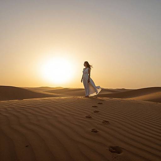 Photograph of a woman in a flowing white dress, silhouetted against a golden sunset, walking through rippled desert sand with footprints.