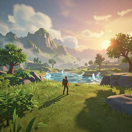 CGI fantasy landscape at sunset, featuring a lone adventurer standing near glowing waterfalls, surrounded by lush greenery, rocky terrain, and mountainous background