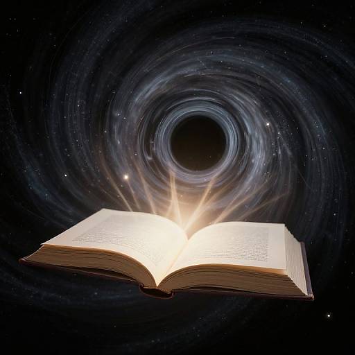 Photograph-like digital art of an open book emitting bright light, surrounded by a swirling galaxy with a black central void.